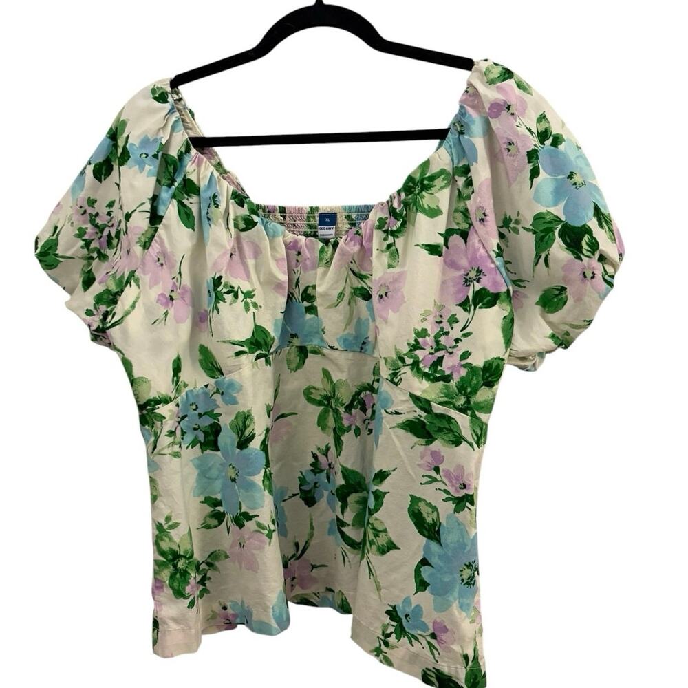 Old Navy Floral Peasant Style Blouse XL Puff Sleeve Scoop Neck Smocked Cotton
